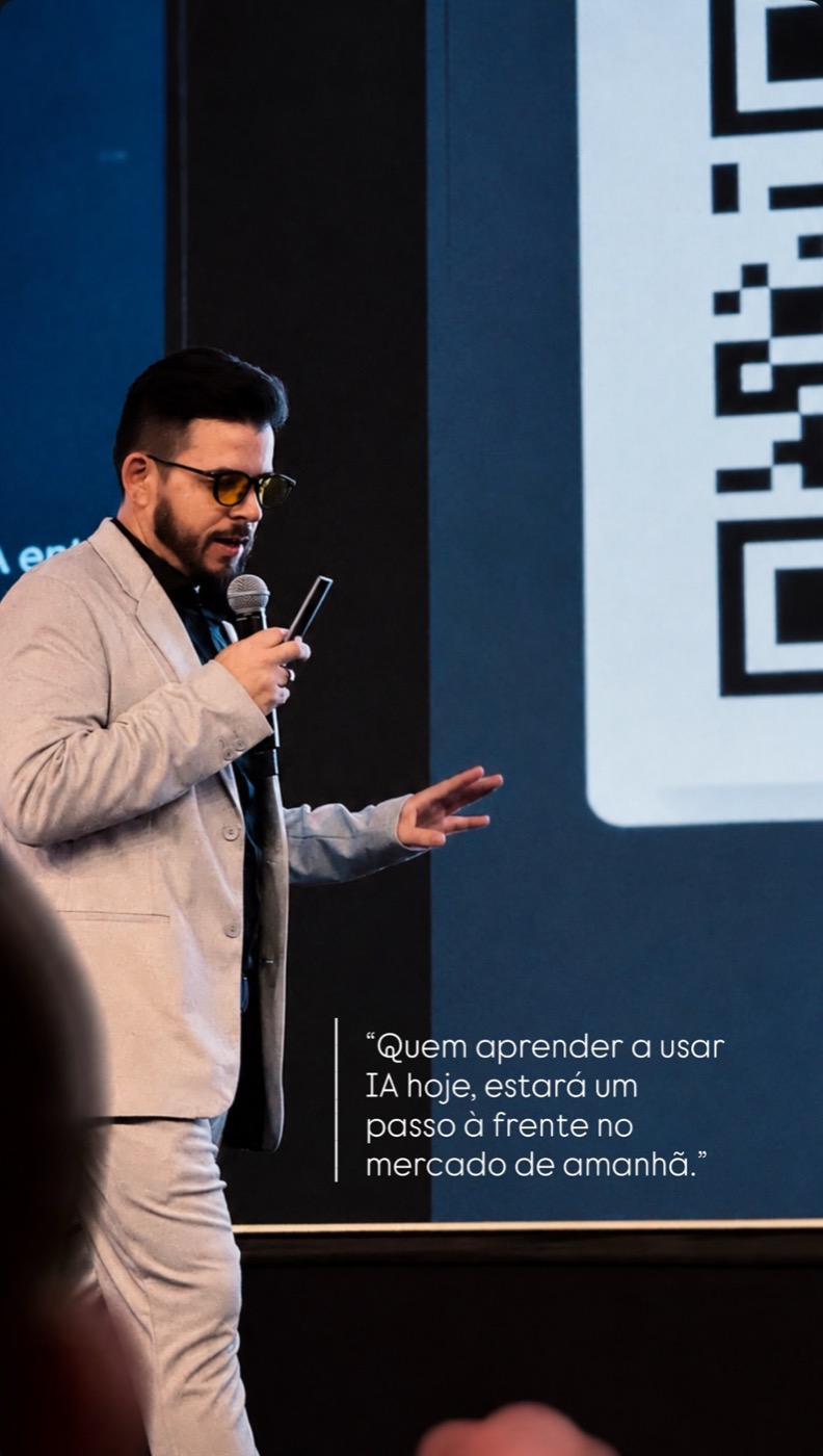 Evento e bastidores de palestra de IA com Lucas Charão